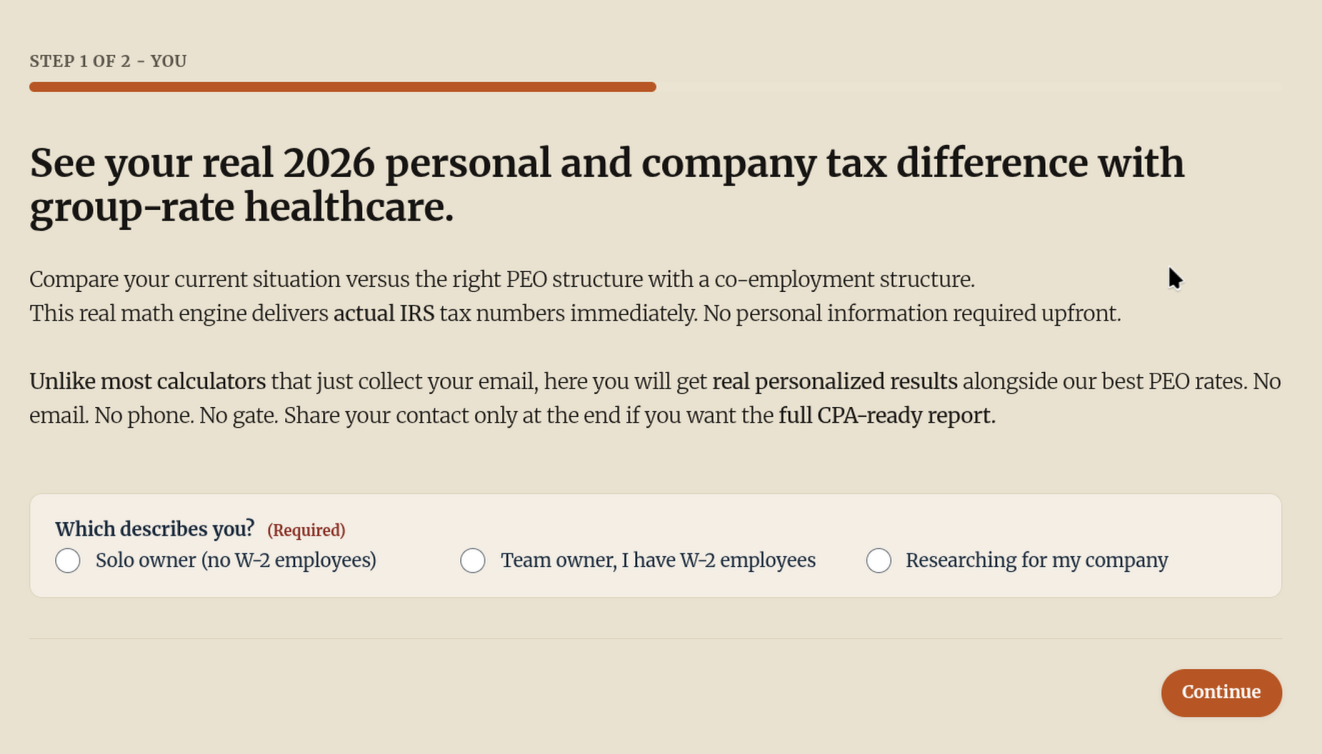 The PEOTools calculator showing a side-by-side 2026 tax and healthcare comparison