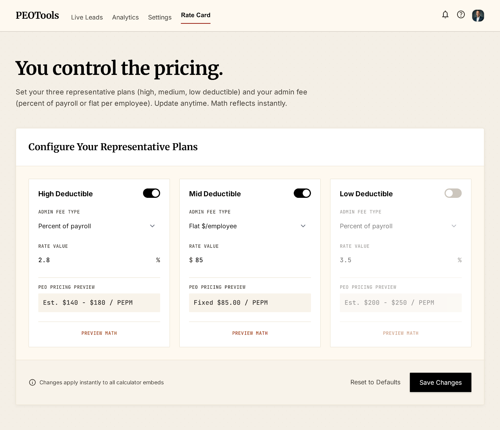 The rate card editor with three representative plans and admin fee configuration